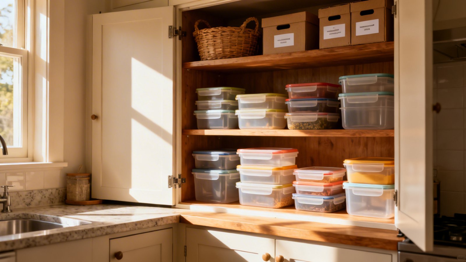 cajón abierto con tuppers apilados y tapas organizadas ordenar tuppers