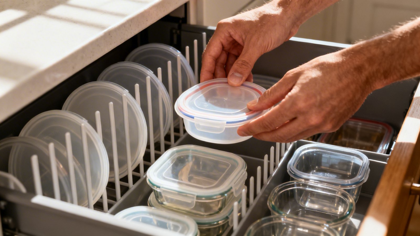 detalle manos emparejando tapas y tuppers organizador de tapas