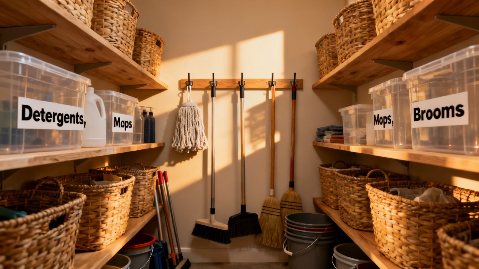 Armario de limpieza organizado con cestas y estantes regulables armario de limpieza organizado con cestas y estantes regulables