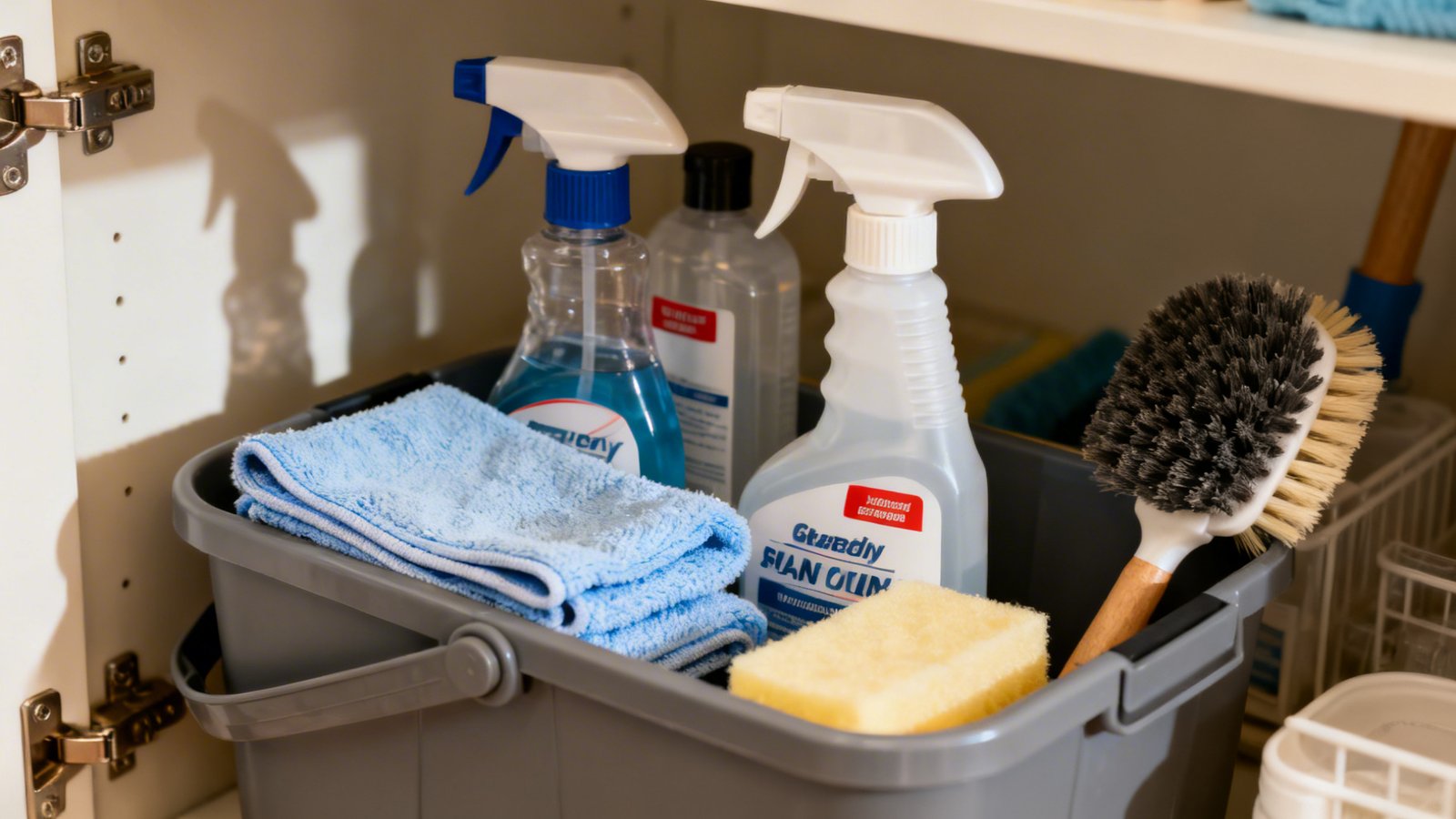 Caddy de limpieza con productos organizados caddy de limpieza con productos organizados en el armario