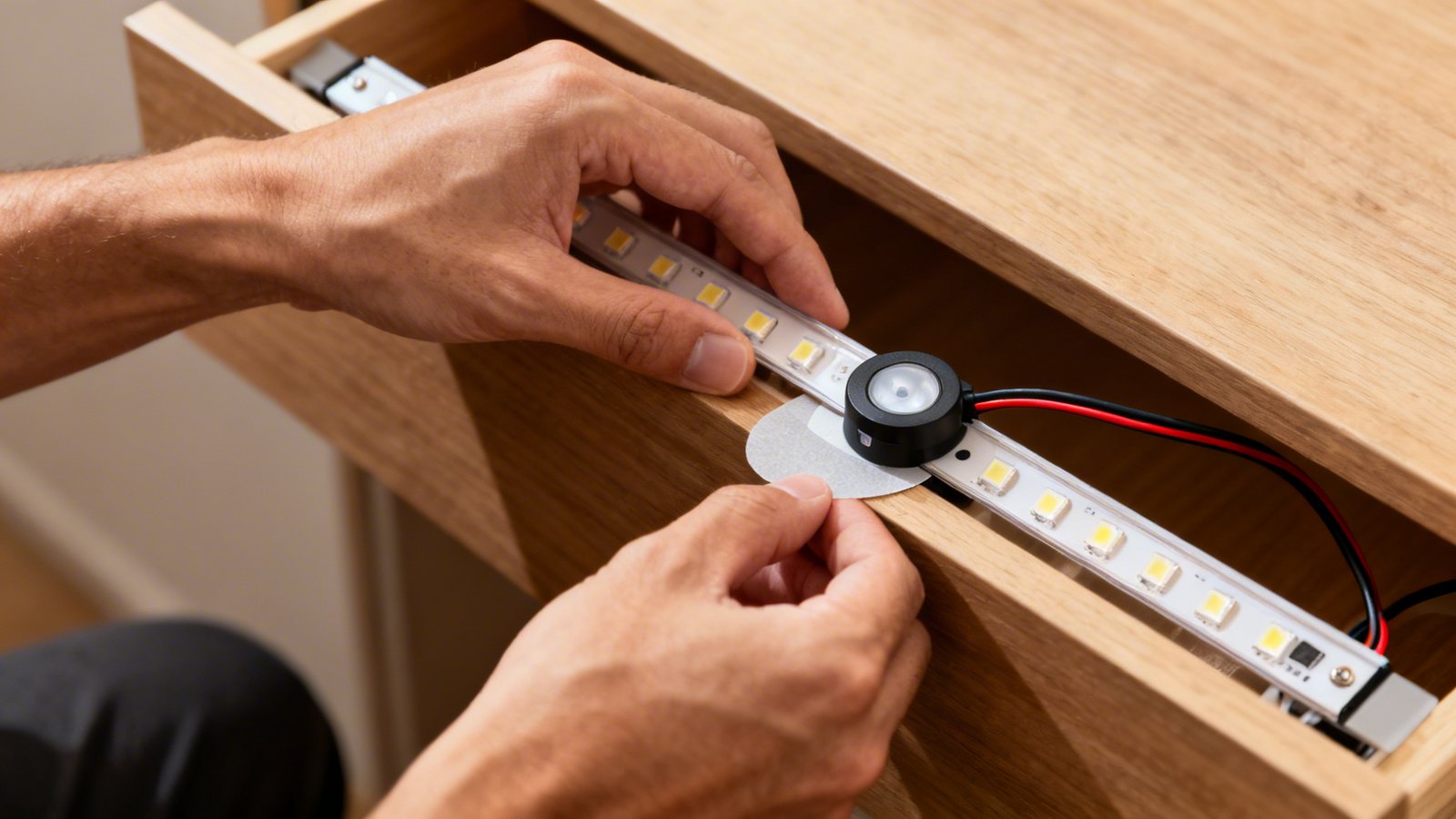 instalación de sensor y tira LED en cajones