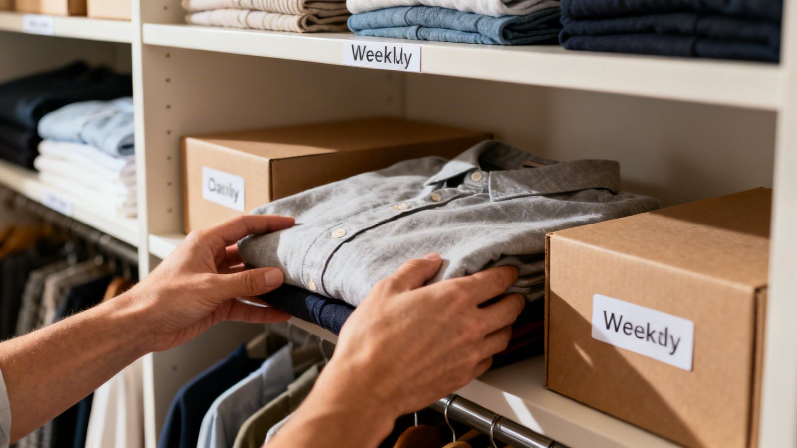 Detalle de estantes con ropa organizada por frecuencia y etiquetas