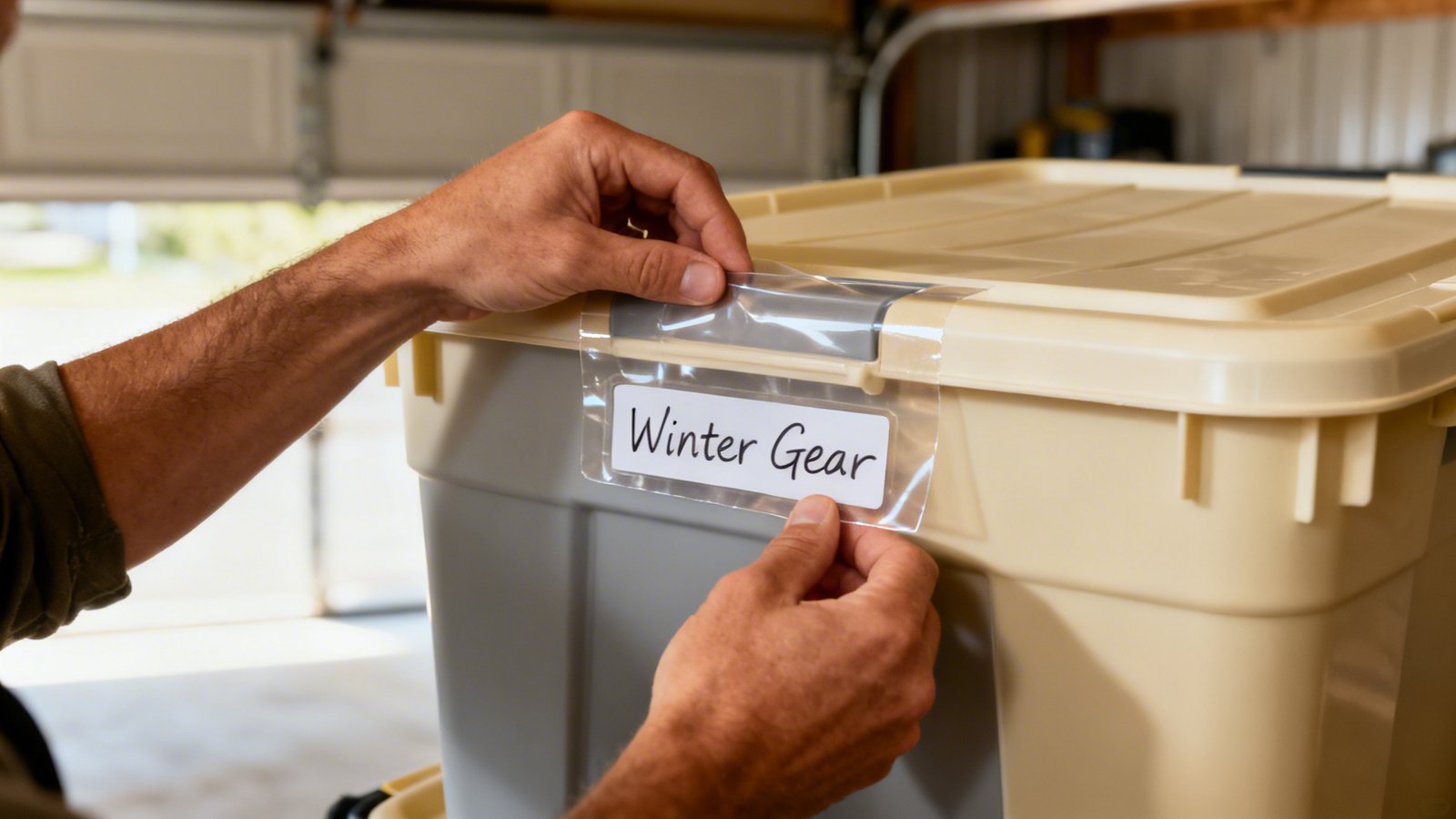 Etiquetado de cajas en trastero con etiquetas en frente y cima