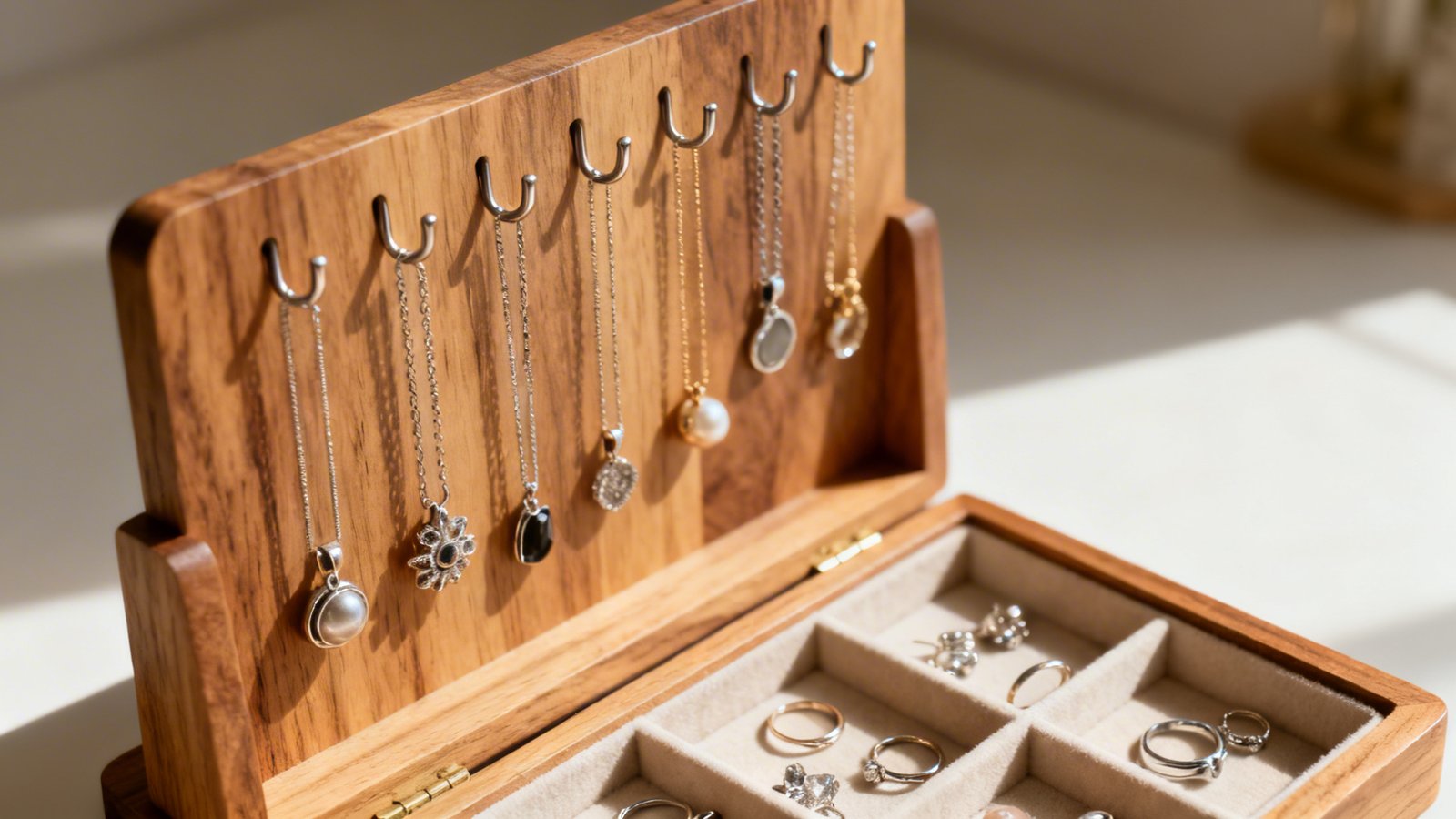 organizador para collares y pendientes en madera clara