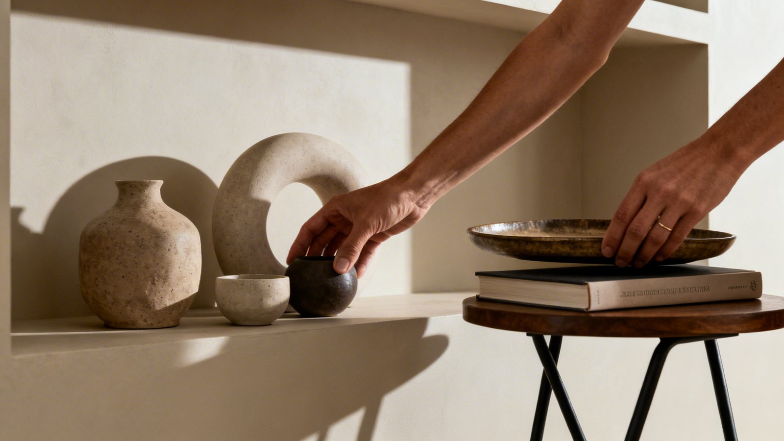 detalle manos organizando objetos en estantería y mesa auxiliar