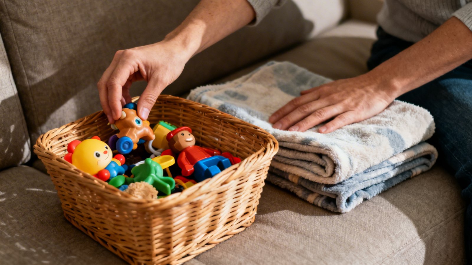 manos colocando juguetes y ordenando zona comun
