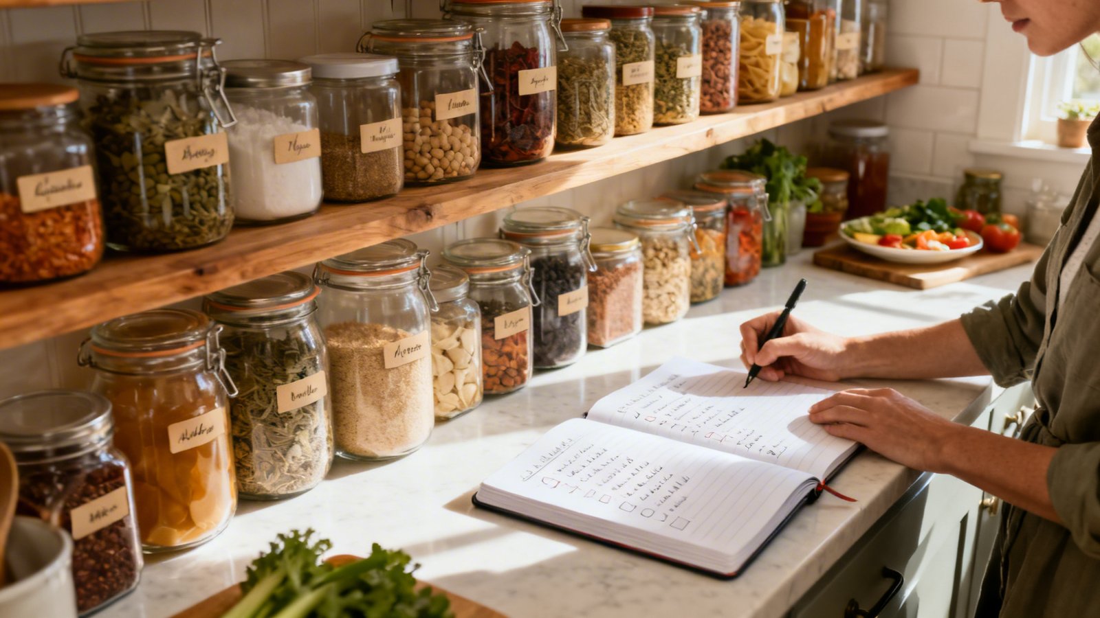 inventario de despensa organizado con botes etiquetados y libreta de planificación