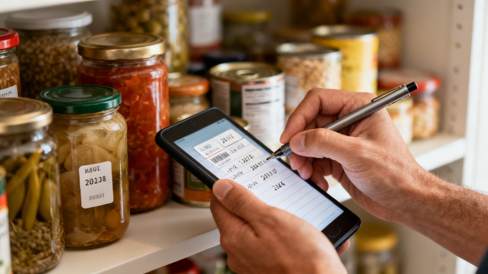 manos revisando etiquetas y fechas en la despensa con libreta de inventario
