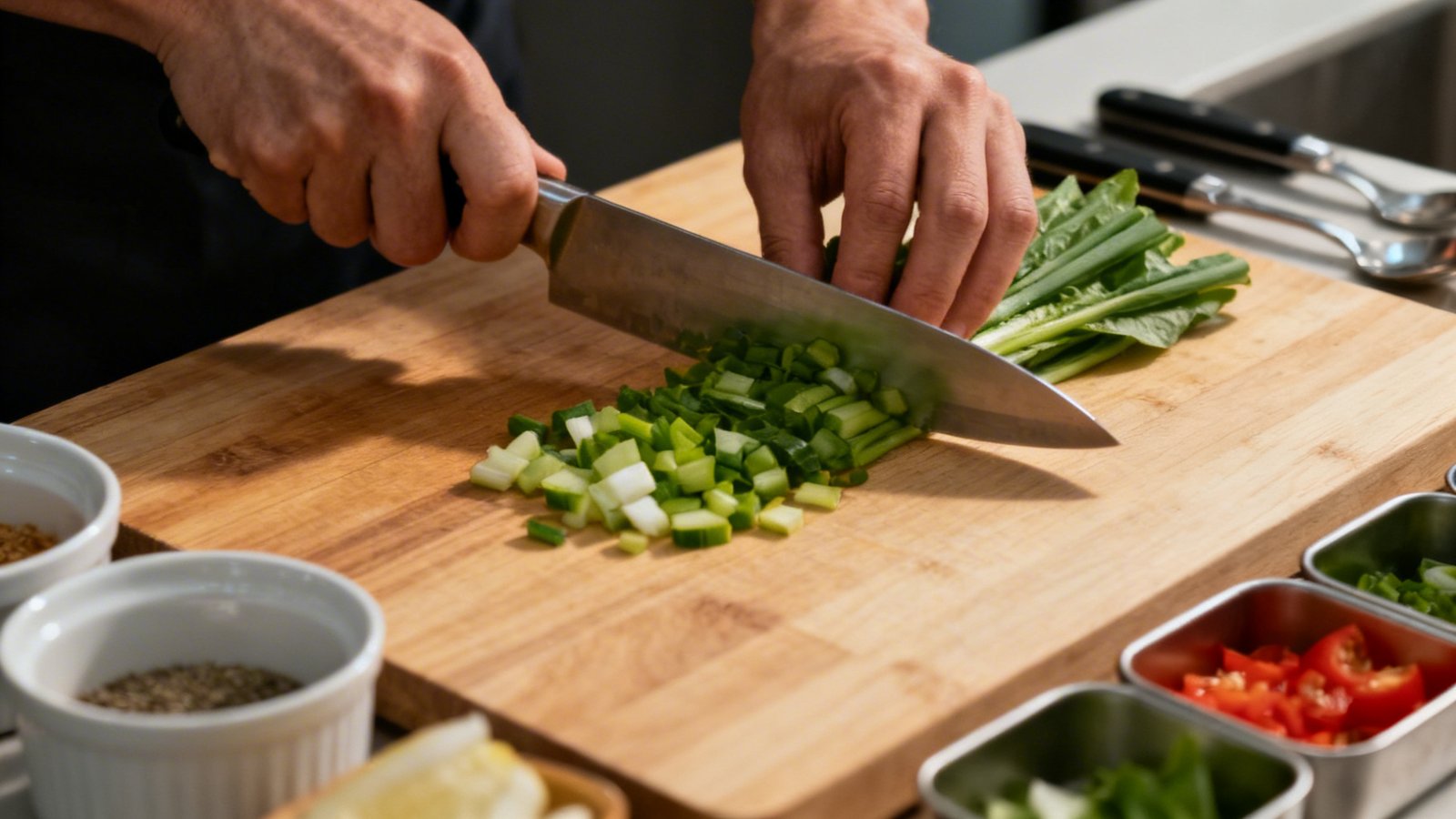 cortar verduras y organizar utensilios para secuencia de tareas