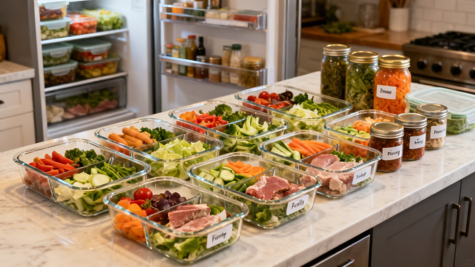 Kit cenas rápidas con recipientes organizados y alimentos preparados