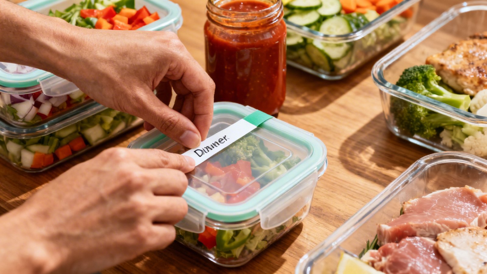 Empaquetado de ingredientes para kit cenas rápidas con etiquetas