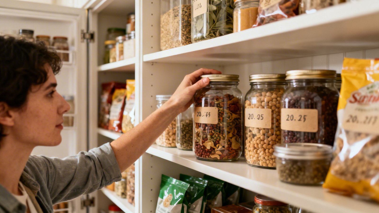 ordenar alimentos por caducidad en despensa organizada con etiquetas