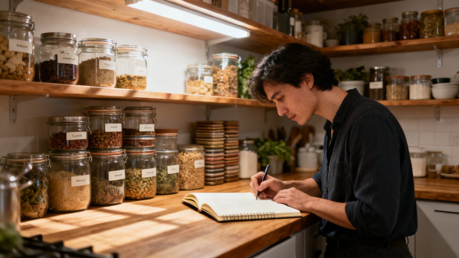 inventario semanal despensa estanterías etiquetadas y botes