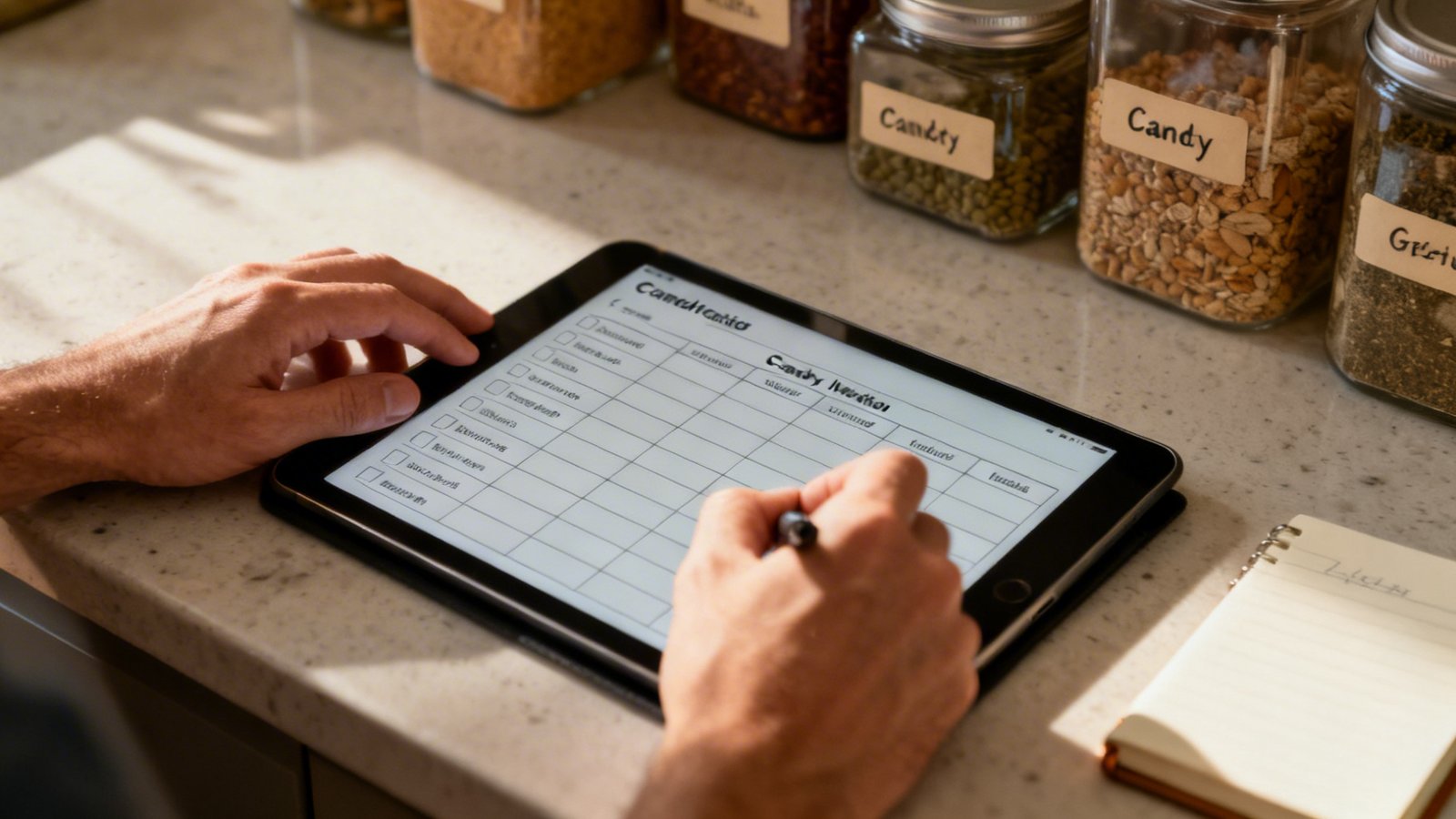 uso de plantilla inventario despensa en tablet junto a botes etiquetados