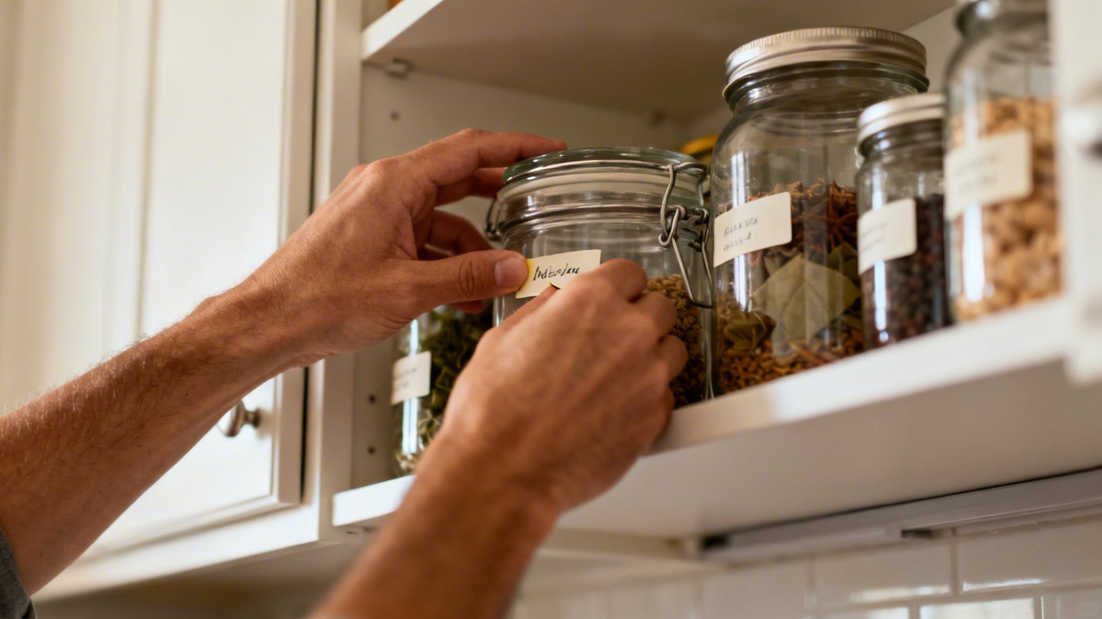 Manos organizando botes y etiquetando en la despensa, organización de armarios