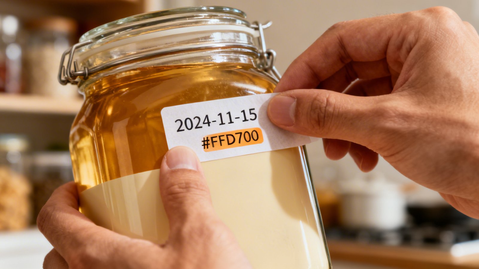 etiquetado con código de color en estantería de cocina