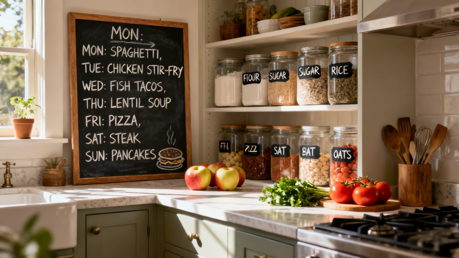 planificación semanal cocina muestra menú organizado y despensa ordenada