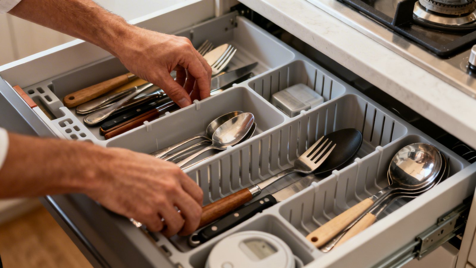 organizar cajones con separadores y electrodomésticos accesibles