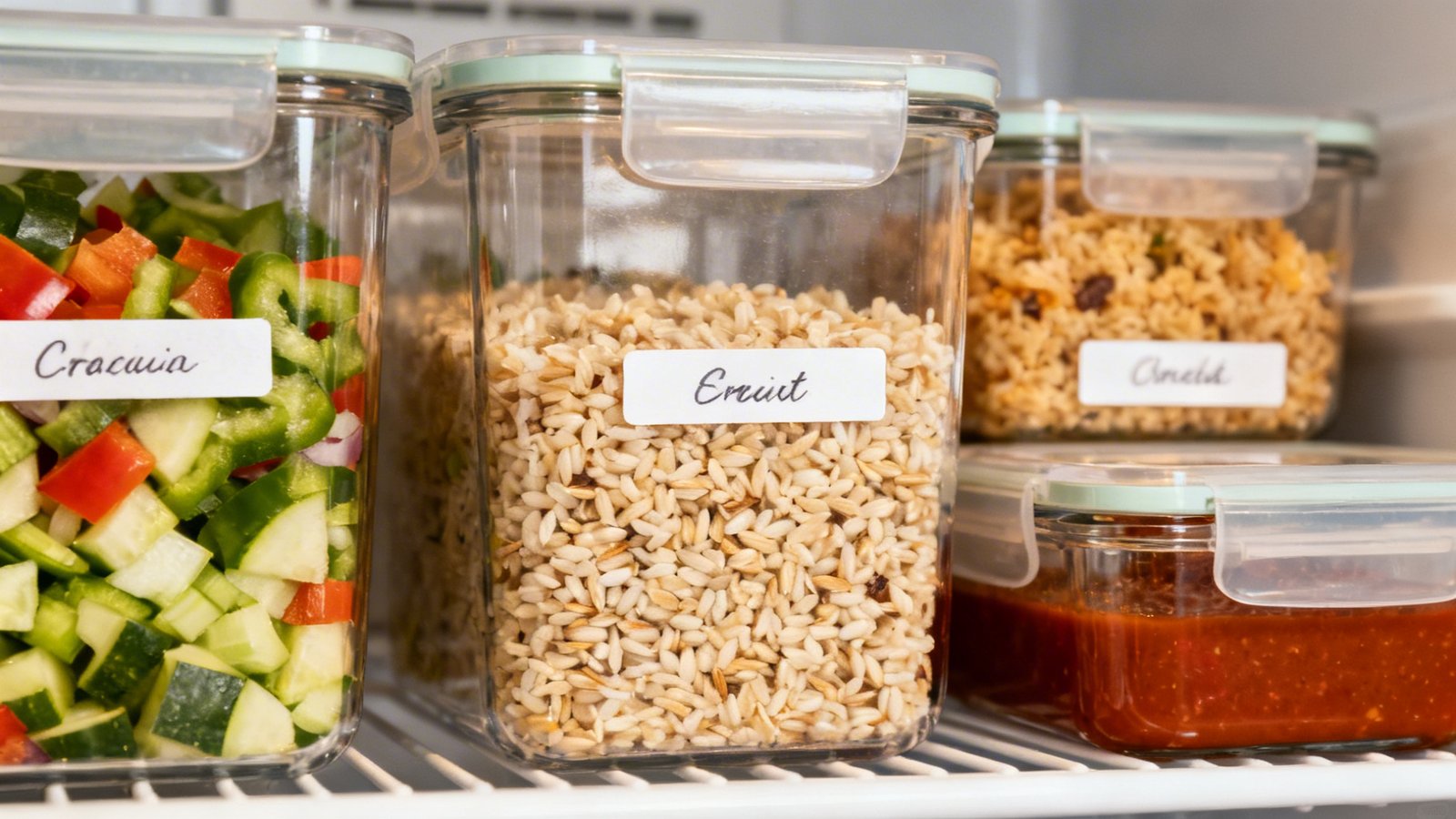 ingredientes preparados almacenados en envases etiquetados en la nevera