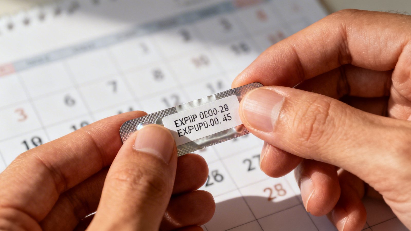 Detalle de etiqueta de medicamento mostrando fecha de caducidad y PAO