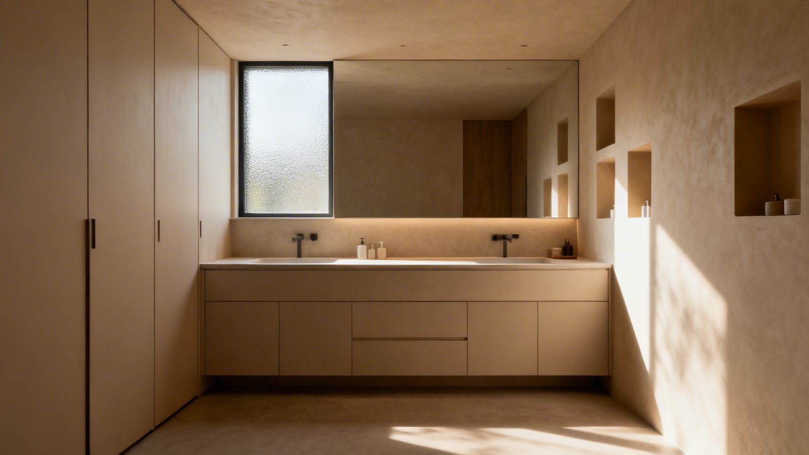 Almacenamiento oculto baño con muebles minimalistas y superficies despejadas