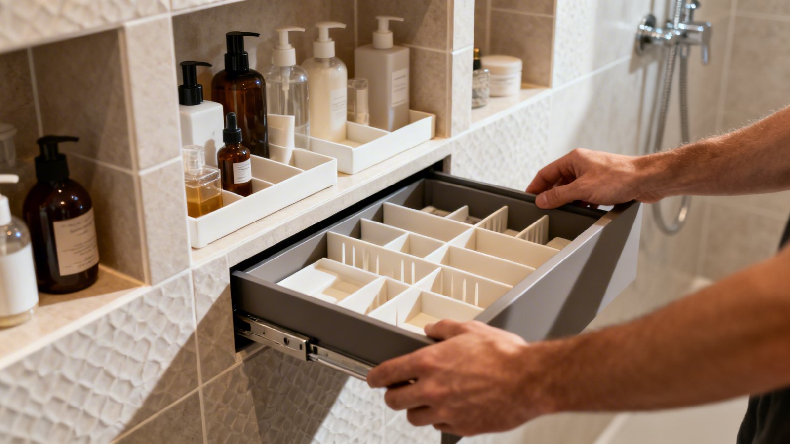 Nichos empotrados y cajones organizados en baño con almacenaje oculto