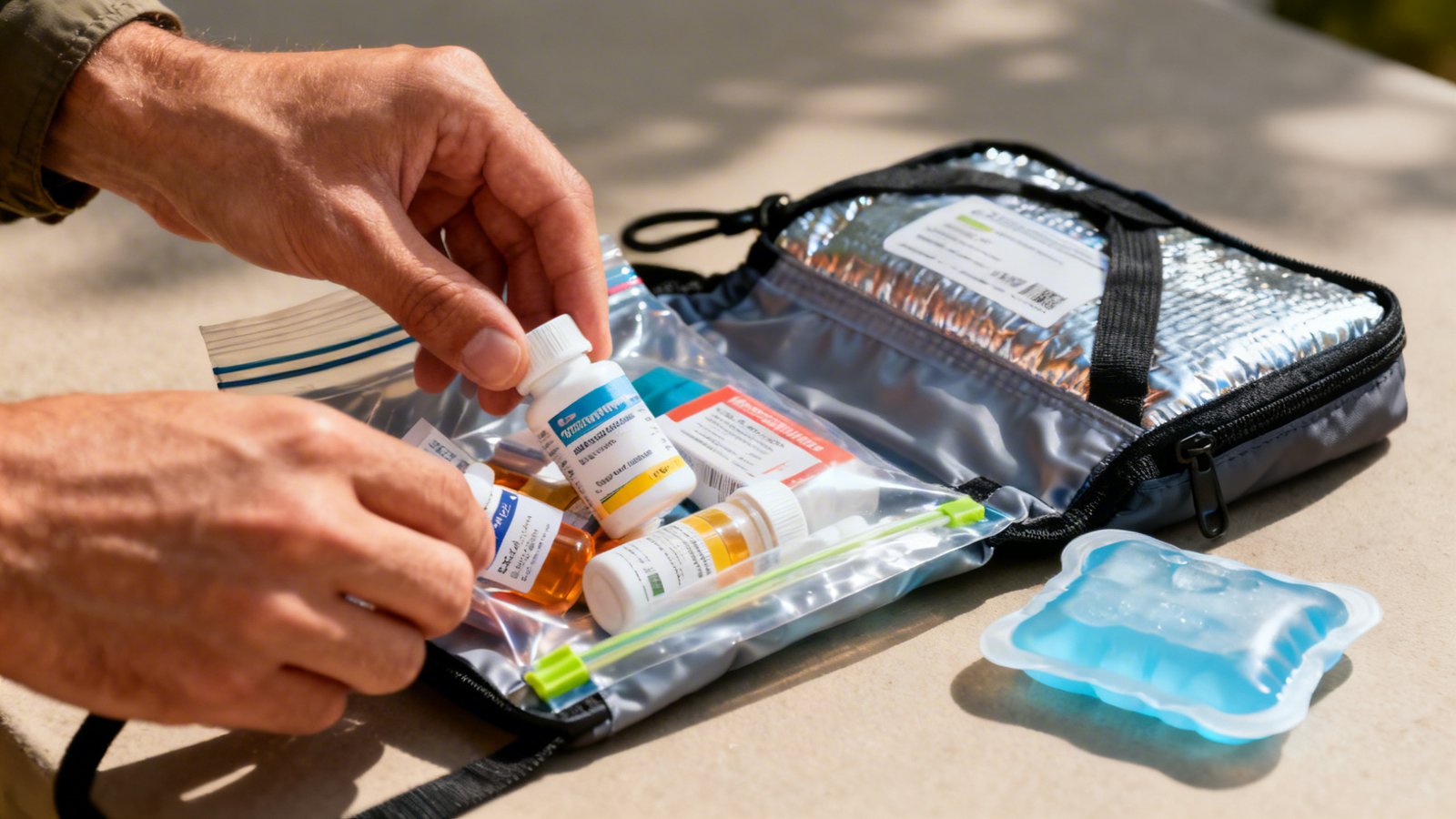 Empaque de medicación sensible en bolsa hermética para viaje