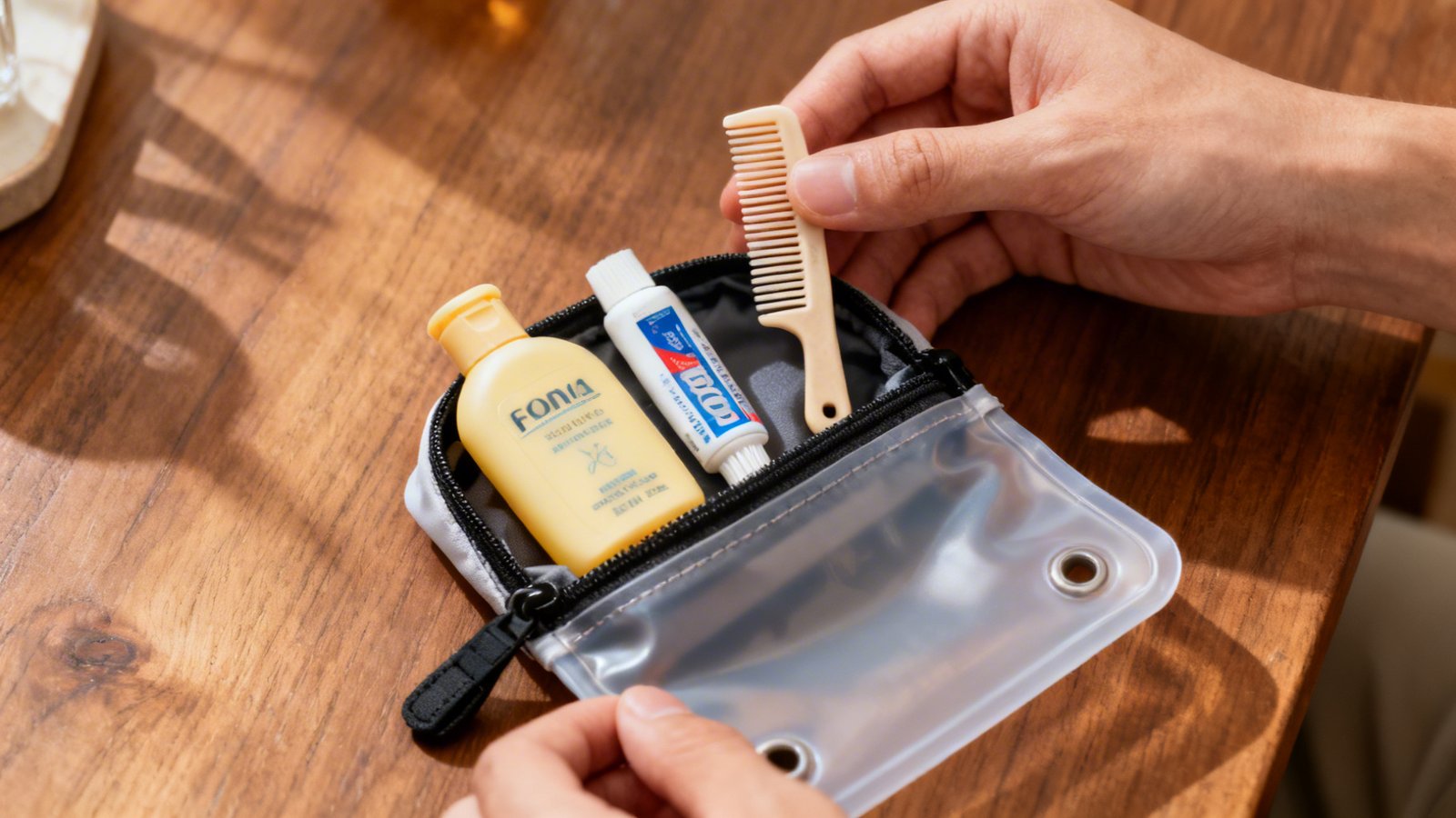 neceser de viaje compacto y organizado con artículos esenciales