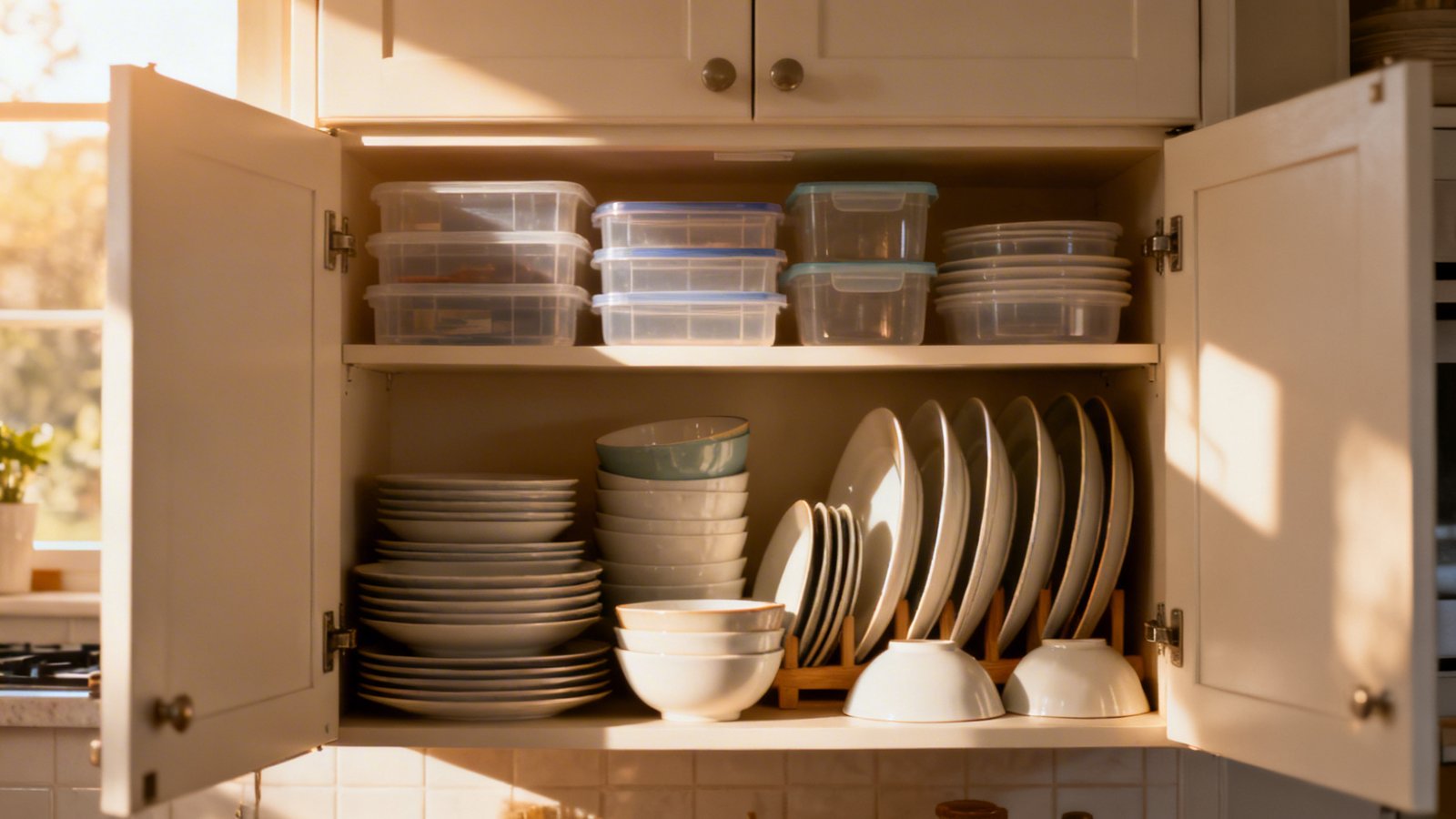 armario organizado con vajilla y tuppers - organizar armarios de cocina