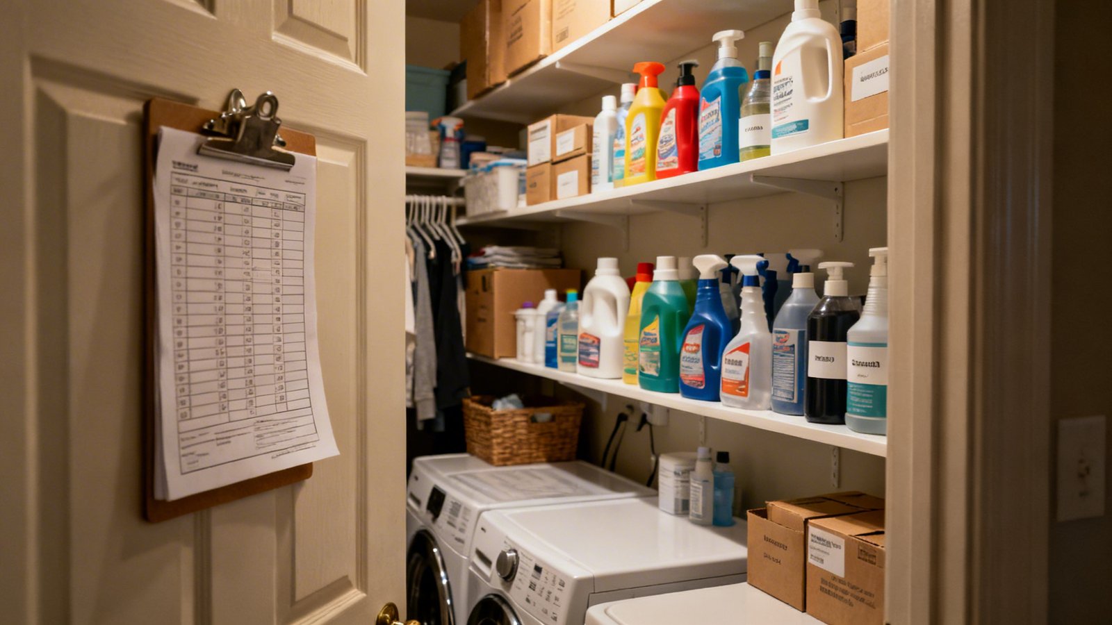 Estantería organizada con inventario productos limpieza Estantería organizada con inventario productos limpieza