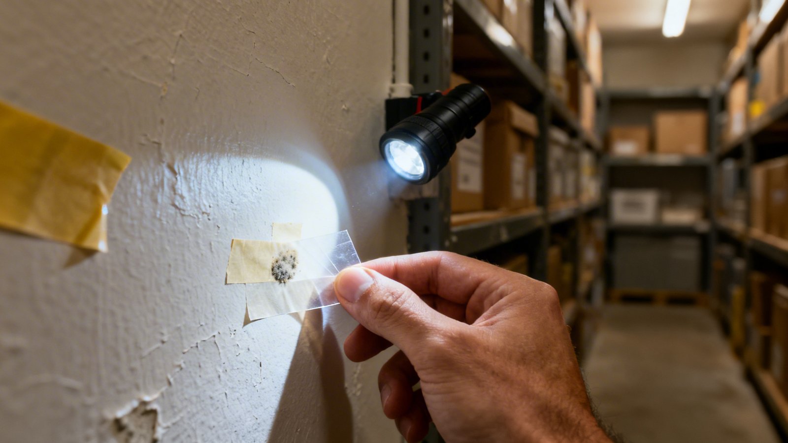 Detalle de prueba casera con cinta y linterna para detectar moho