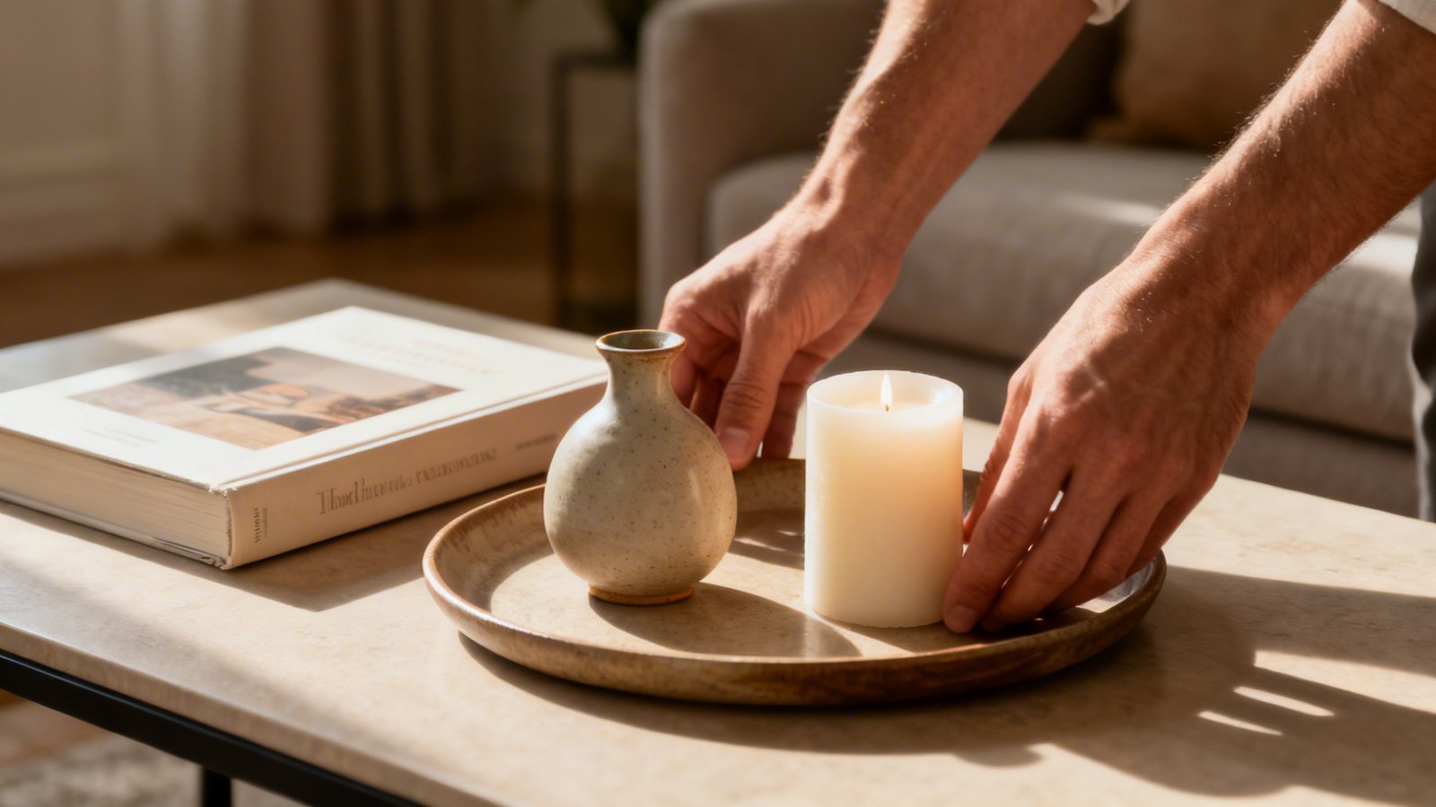 detalle manos organizando mesa centro con composición 3 y 5