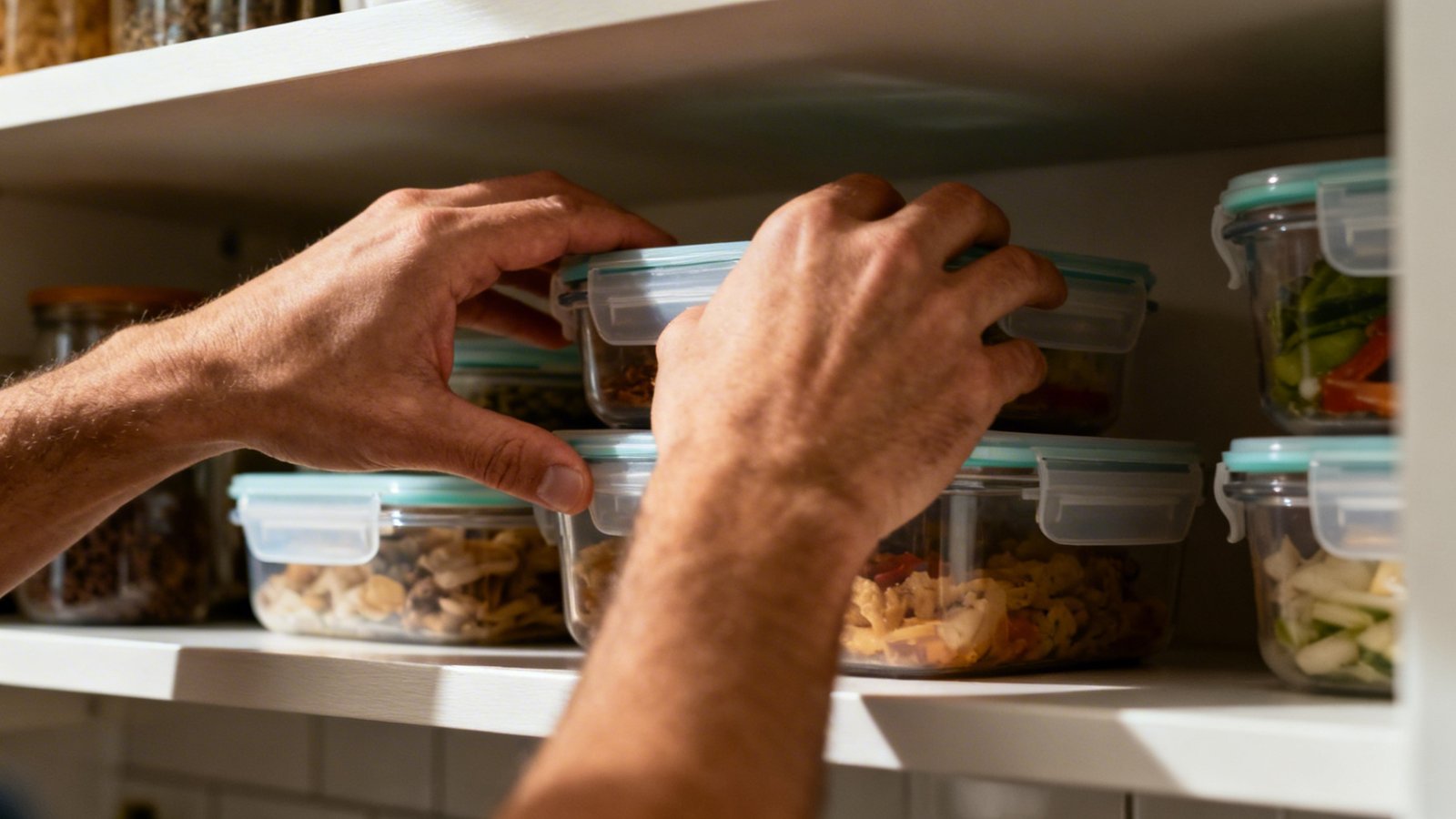 detalle de apilado seguro de tuppers y gestión de tapas