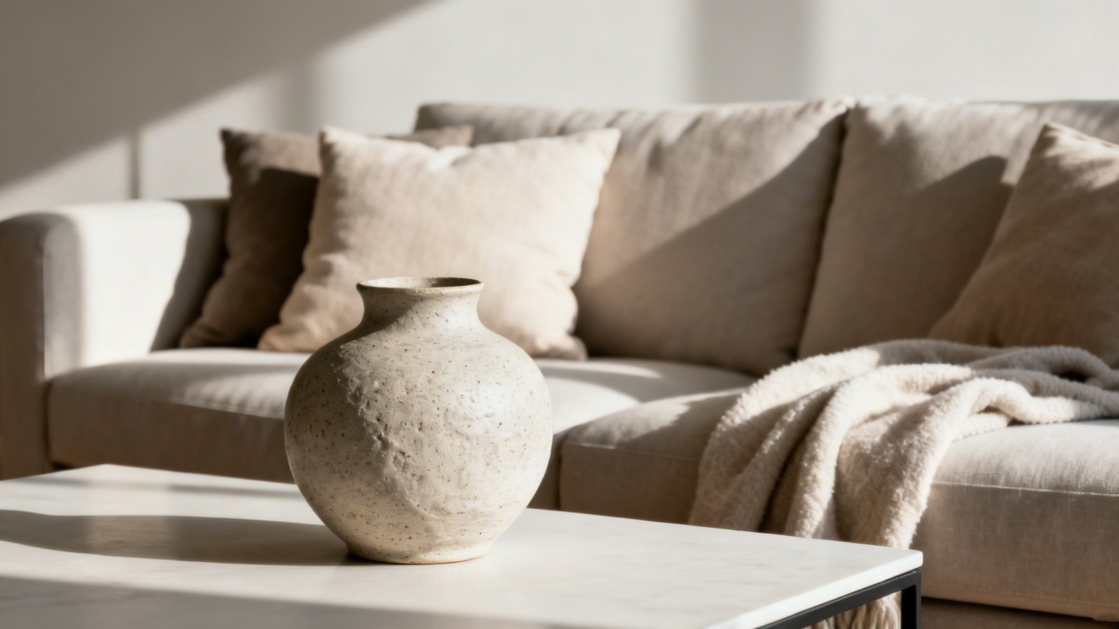 detalle de accesorios salón minimalista: jarrón y cojines